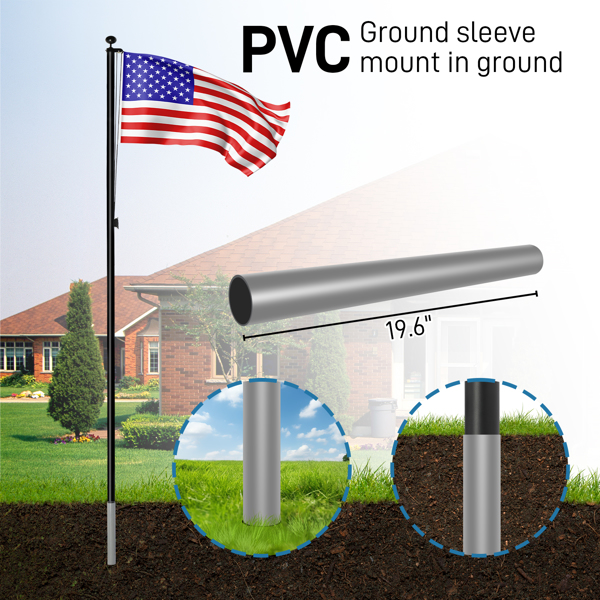 Flag Pole Kit for Outside House in Ground, 20FT Sectional Aluminum Extra Thick Flagpole, 5x3 US Flag, Heavy Duty Black Flag Poles Kit for Yard