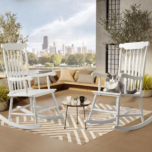 Patio Rocking Chair Solid Wood, Outdoor Porch Rocker Chair with Wooden Frame, Indoor Wooden Rocking Chair for Garden Backyard Balcony, White