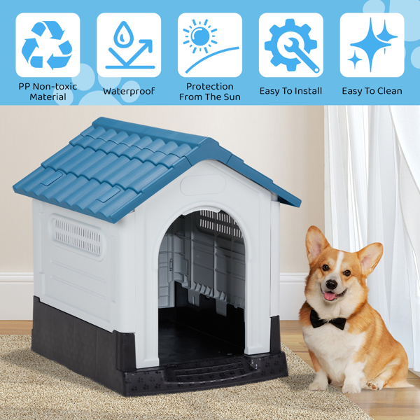 26 inch Plastic Dog House, Indoor Outdoor Doghouse Pet House with Air Vents and Elevated Floor, Insulated Water Resistant Puppy Shelter Kennel for Small Dogs, Blue & White