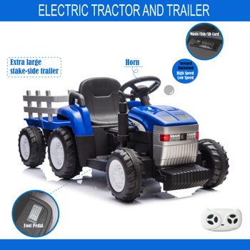 Blue, 12V7AH Battery-Powered Toy Tractor with Trailer, Remote Control, Kids\\' Electric Excavator Vehicles with 2x35W Dual Motor, Treaded Tires, LED Lights, USB, Music,   - Gifts for Boy, Girl