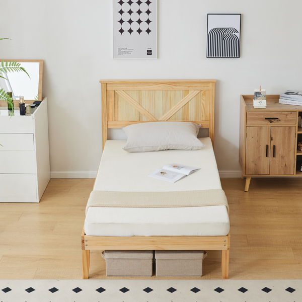 Twin Size Solid Wood Platform Bed Frame with Headboard Natural