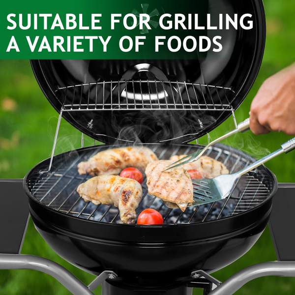 Kettle Charcoal Grill with 2 Side Tables, Storage Shelf, Upgraded Ash Catcher, Thermometer, Air Vents, Outdoor Cooking Barbecue Grill with Wheels