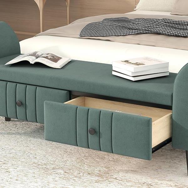 Upholstered Wooden Storage Bench with 2 Drawers For Bedroom,Fully Assembled Except Legs and Handles,Green