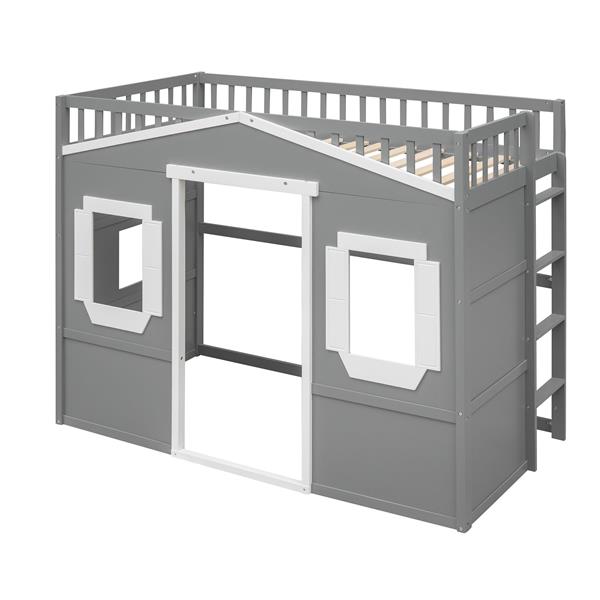 Twin Size House Loft Bed With Ladder-Gray+White Frame