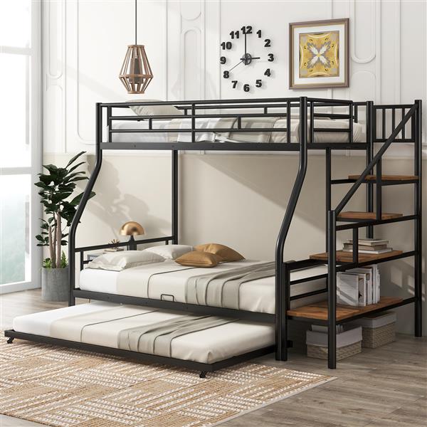 Twin over Full Size Metal Bunk Bed with Trundle and Storage Staircase, Black