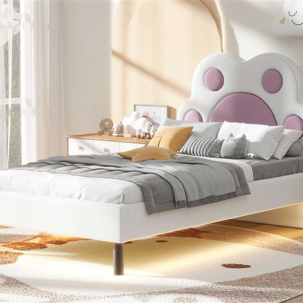 Twin Size Upholstered Platform Bed with Animal Paw Shaped Headboard and LED, Pink