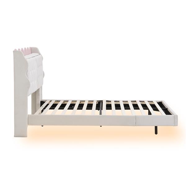 Full Size Upholstery Platform Bed Frame with LED Light Strips,Headboard Storage Space and Two USB Charging Deisgn,Beige