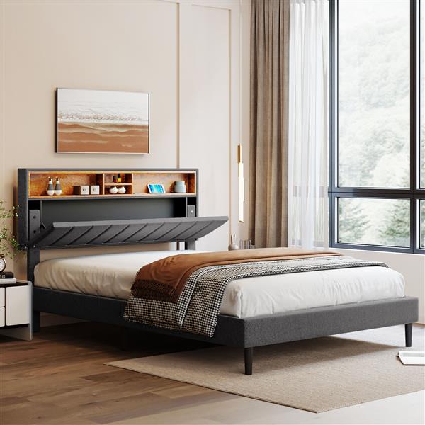 Queen Size Upholstered Platform Bed with Storage Headboard and USB Port,  Linen Fabric Upholstered Bed (Gray)