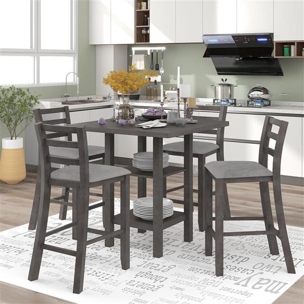 5-Piece Wooden Counter Height Dining Set with Padded Chairs and Storage Shelving (Gray)