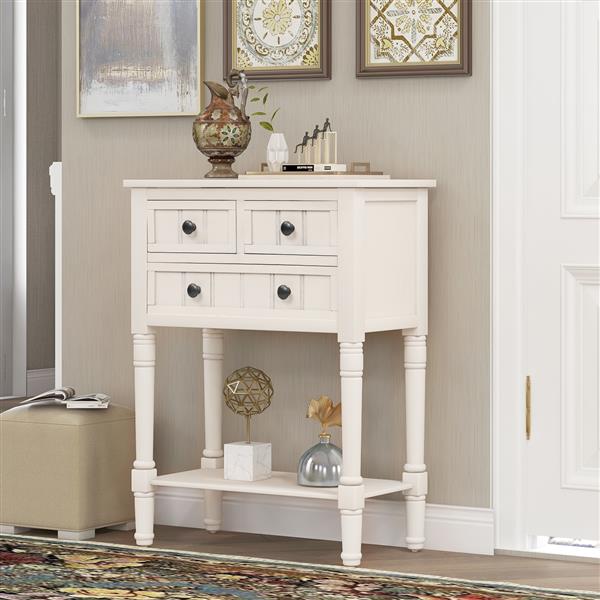 Narrow Console Table, Slim Sofa Table with Three Storage Drawers and Bottom Shelf (Ivory White)