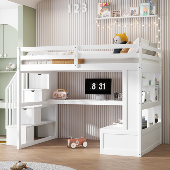 Full Size Loft Bed with Desk and Shelves, Two Built-in Drawers, Storage Staircase, White 