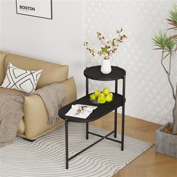 Round Coffee Table with Storage Tray 2 Tier Oval End Tables Wooden Small Side Table for Living Room (Black)