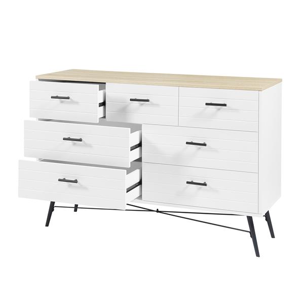 7 Drawer Dresser for Bedroom with Deep Drawers, Wood Dressers & Chest of Drawers, Modern White Long Dressers for Closet Living Room, 47.2"W x 15.7"D x 31.5"H, White & oak