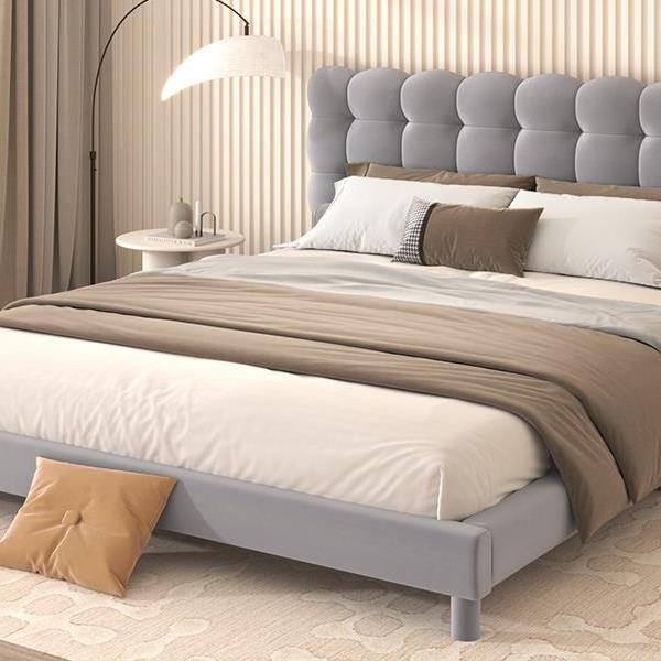 Queen Size Upholstered Platform Bed with Soft Headboard,Gray