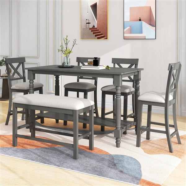 6-Piece Counter Height Dining Table Set Table with Shelf 4 Chairs and Bench for Dining Room (Gray)