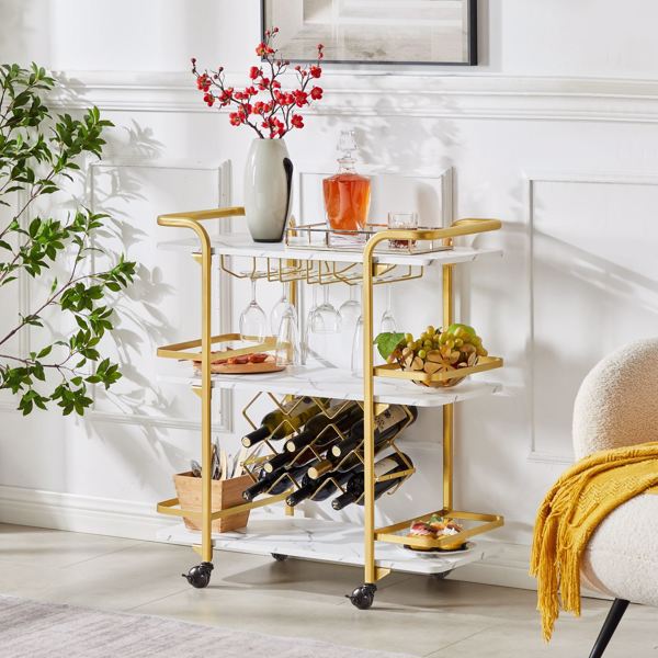 Painted Three-layer Bar Cart, With Wine Rack And Glass Holder, Suitable for Families And Small Gatherings, Gold