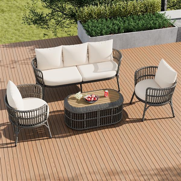 4-Piece Rattan Outdoor Patio Conversation Set with Seating Set for 5 and Coffee Table for Porch, Backyard and Garden (Grey)