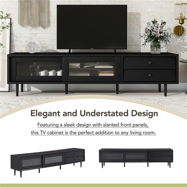 Chic Elegant Design TV Stand with Sliding Fluted Glass Doors, Slanted Drawers Media Console for TVs Up to 75", Modern TV Cabinet with Ample Storage Space, Black