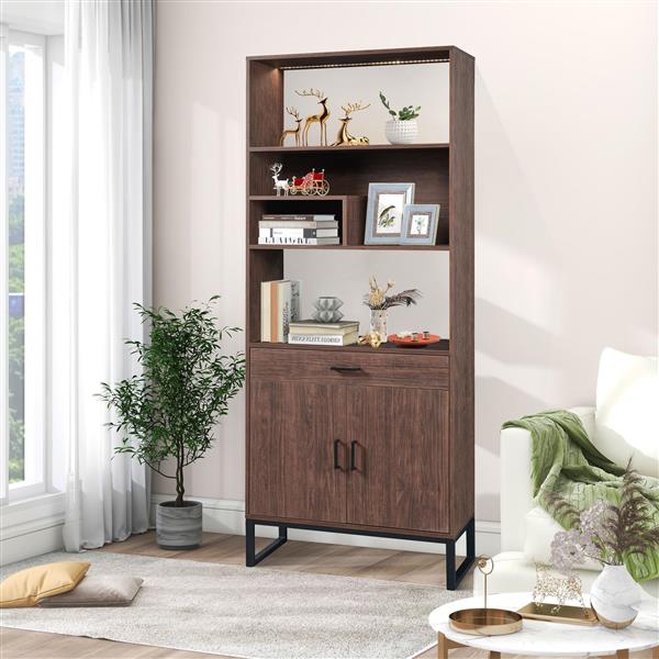 75.9"Modern Open Bookshelf with Doors, Bookcase with Storage drawer and LED Strip Lights,Free Standing Display Rack,Wooden Tall Bookshelf for Living Room and Office, Walnut