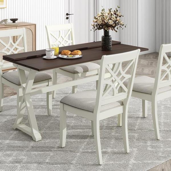 5-Piece 62*35.2inch Extendable Rubber Wood Dining Table Set with X-shape Legs,Console Table with Two 8.8Inch-Wide Flip Lids and Upholstered Dining Chairs ,Beige