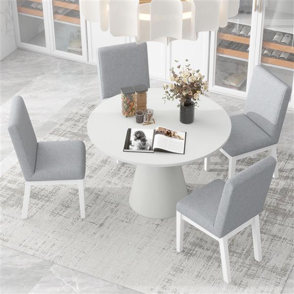 5-piece Dining Set Retro Round Table with 4 Upholstered Chairs for Living Room, Dining Room (White)