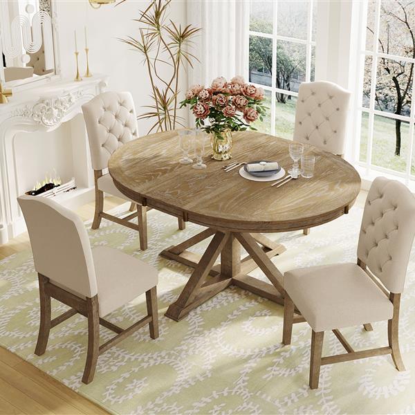 Functional Furniture Retro Style Dining Table Set with Extendable Table and 4 Upholstered Chairs for Dining Room and Living Room(Natural Wood Wash)