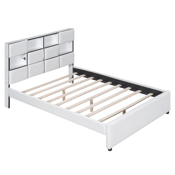 Full Size Upholstered Platform Bed with LED, Storage and USB, Beige