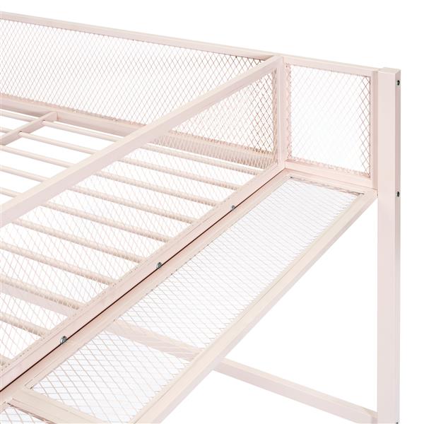 Full Size Metal Loft Bed with 4-Tier Shelves and Storage, Pink