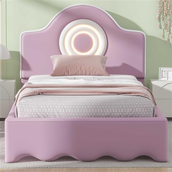 Twin Size Upholstered Platform Bed with LED Headboard, Pink