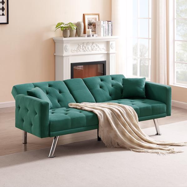 Dark Green Linen Convertible Sofa and Bed, Square Arm Armrests, Can Hold Water Cup, Two Pillow
