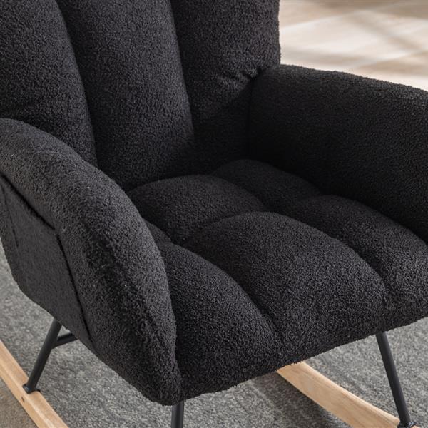 Rocking Chair with Pocket, Soft Teddy Fabric Rocking Chair for Nursery, Comfy Wingback Glider Rocker with Safe Solid Wood Base for Living Room Bedroom Balcony (black)