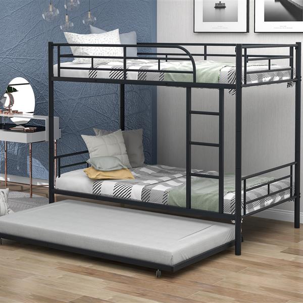 Twin-Over-Twin Metal Bunk Bed With Trundle,Can be Divided into two beds,No Box Spring needed ,Black