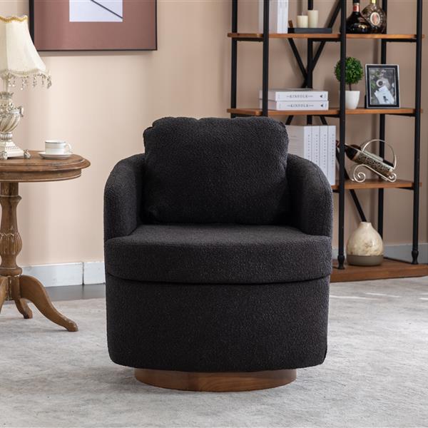 035-Boucle Fabric Swivel Chair With Soild Wood Round Brown Base Leg,Black