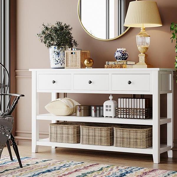 Retro Design Console Table with Two Open Shelves, Pine Solid Wood Frame and Legs for Living Room (Antique White)