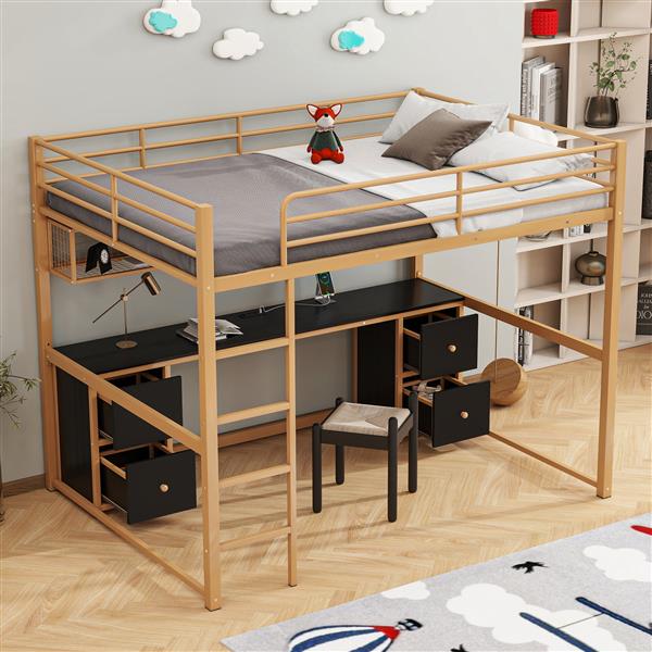 Full Size Metal Loft Bed with Desk, Drawers and Bedside Tray, Charging Station, USB and socket