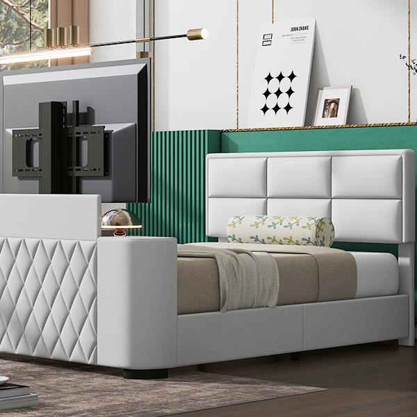 Queen Size Upholstery TV Platform Bed Frame with Height- adjustable Headboard and Support Legs,Beige