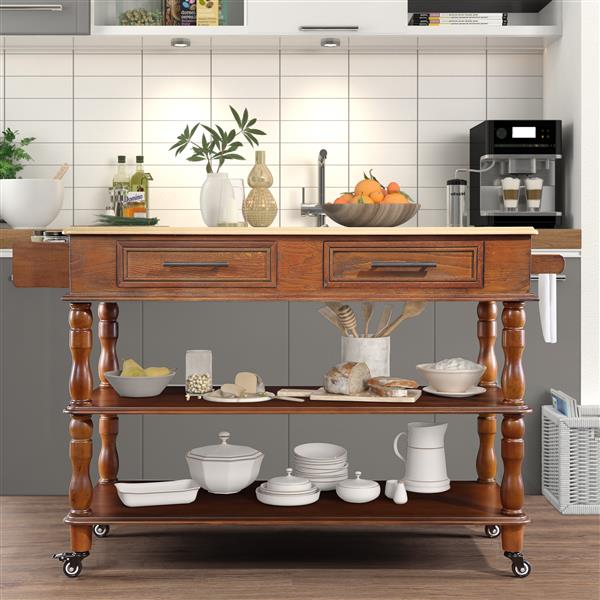 56 inch Rolling Kitchen Island with Storage,Kitchen Cart with Solid OAK Wood Top,Two-sided Kitchen island Cart on Wheels , Wine and Spice Rack, Large Kitchen Cart with 2 Drawers, Walnut+Natural Top