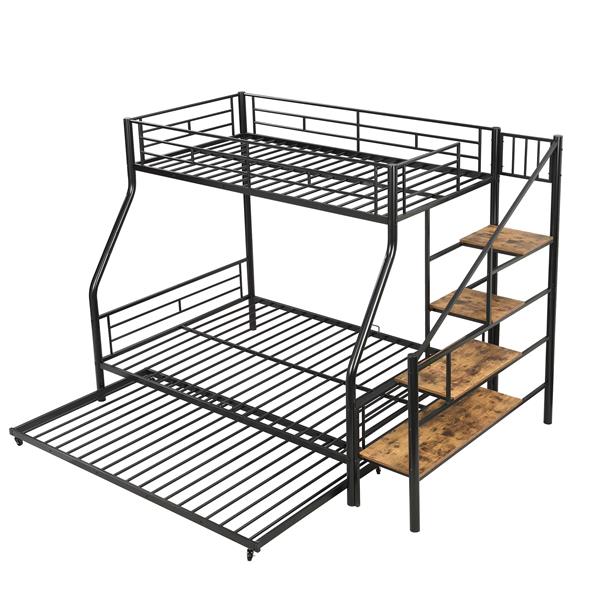 Twin over Full Size Metal Bunk Bed with Trundle and Storage Staircase, Black