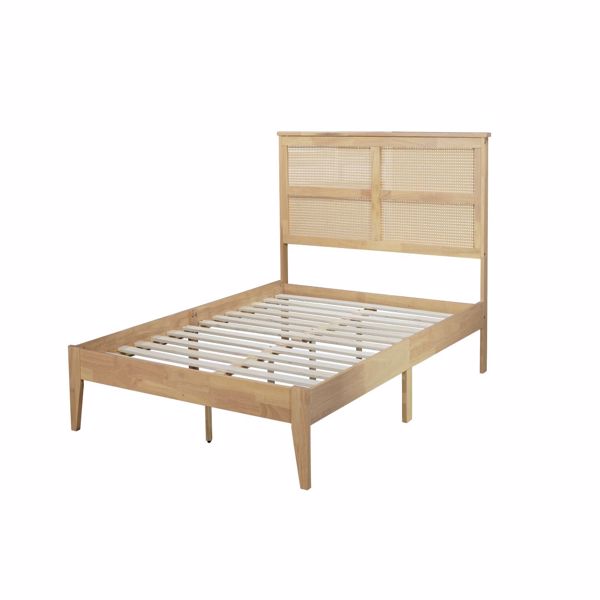 Queen Size Rubber Wooden, Solid Wooden Bed with Rattan Headboard, Enhanced by Support Feet 