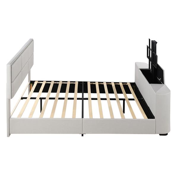 Queen Size Upholstery TV Platform Bed Frame with Height- adjustable Headboard and Support Legs,Beige