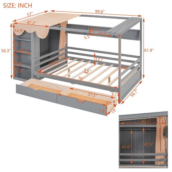 Full size House Bed with Two Drawers and Wardrobe,Gray