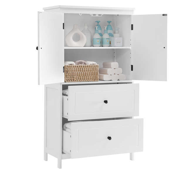 Bathroom Storage Cabinet, Cabinet with Two Doors and Drawers, Adjustable Shelf, MDF Board, White 