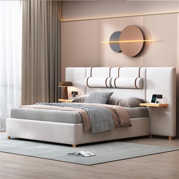 Queen Size Upholstered Platform Bed, Two Outlets and USB Charging Ports on Both Sides, Two Bedside Pillows, Storage Shelves, Beige