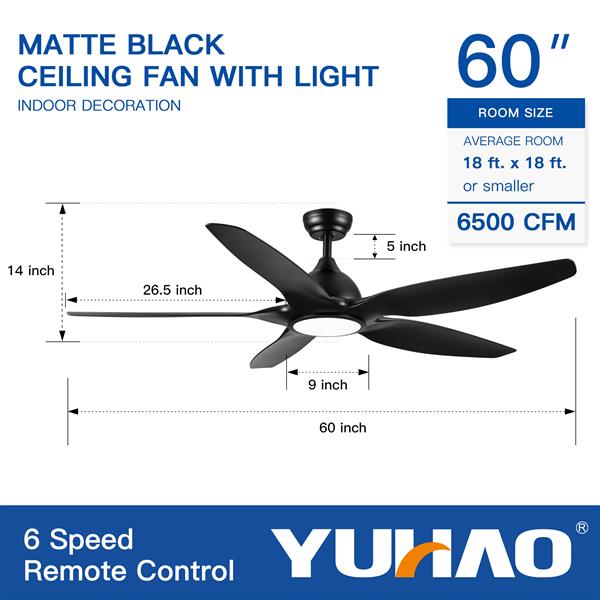 60 In Intergrated LED Ceiling Fan Lighting with Black ABS Blade