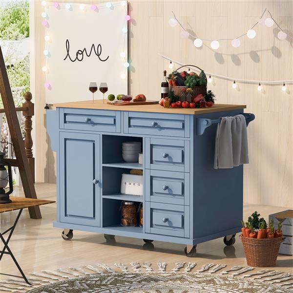 Kitchen cart with Rubber wood desktop rolling mobile kitchen island with storage and 5 draws 53 Inch length (Blue)