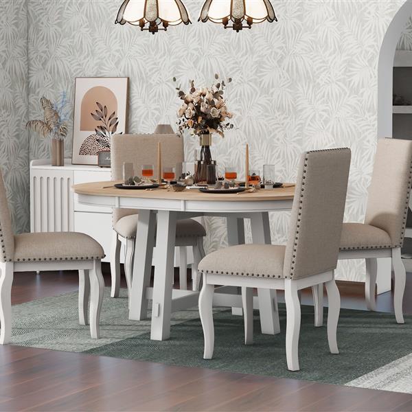 5-Piece Farmhouse Dining Table Set Wood Round Extendable Dining Table and 4 Upholstered Dining Chairs (Oak Natural Wood + Antique White)