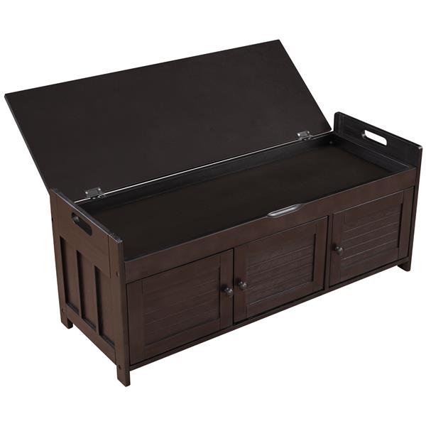 Storage Bench with 3 Shutter-shaped Doors, Shoe Bench with Removable Cushion and Hidden Storage Space (Espresso)