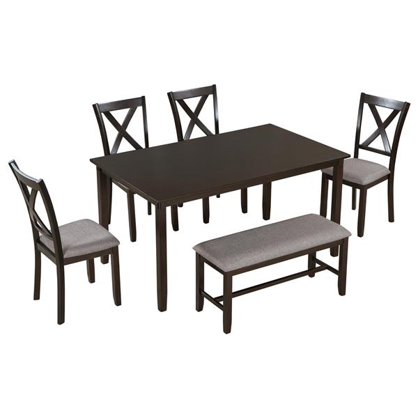 6-Piece Kitchen Dining Table Set Wooden Rectangular Dining Table, 4 Fabric Chairs and Bench Family Furniture (Espresso)