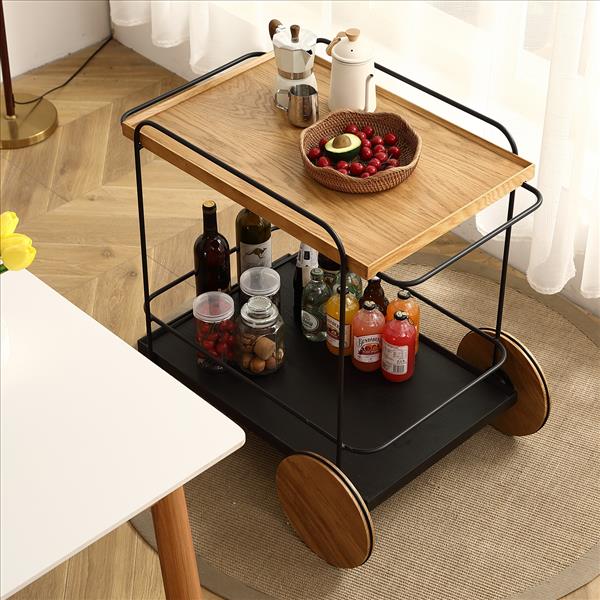 Oak Hotel Restaurant Cart - Small Dining Car 30.7 Inches - White Rubber and Carbon Steel Materials 30.71inch