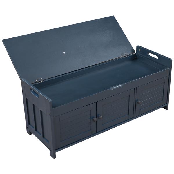 Storage Bench with 3 Shutter-shaped Doors, Shoe Bench with Removable Cushion and Hidden Storage Space (Antique Navy)